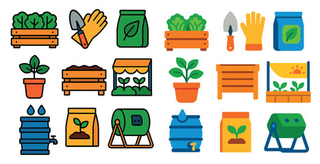 Collection of garden tools and plants. The plants are in various sizes and shapes, and the tools are scattered around them. Scene is one of growth and nurturing