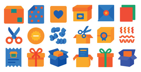 Set of icons for various items, including a box with a heart on it, a pair of scissors, and a piece of paper