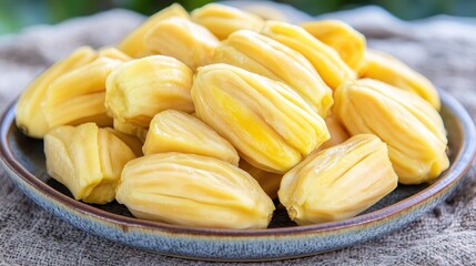 Fresh and Ripe Jackfruit Segments on Rustic Plate Background