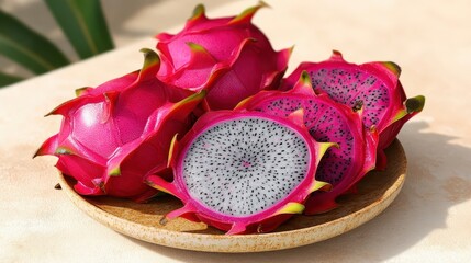 Fresh and Vibrant Dragon Fruit Arranged on a Natural Plate