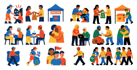 Series of images depicting people helping each other, with one image showing a man giving a woman a hug. The images are all related to the theme of charity and kindness