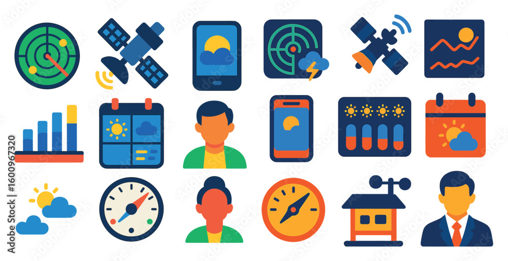 Fototapete collection of icons and symbols, including a compass, a cell phone, and a calendar. the icons are ar