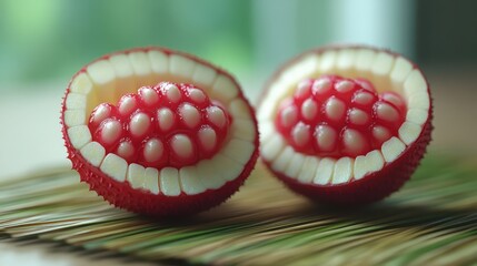 Fresh and Vibrant Fruit Halves Showing Red Seeds and White Flesh