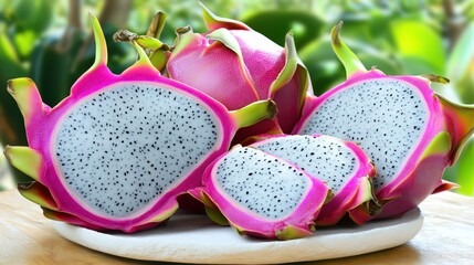 Fresh and Vibrant Dragon Fruit Slices on Wooden Surface