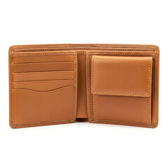 An open brown leather wallet displays its card slots and coin pouch on a white