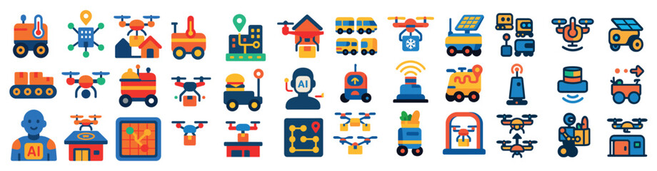 Collection of various vehicles and machines, including a truck, a car, a train, a boat, a plane, a helicopter, a forklift, a crane, a robot, a person, a building, and a house
