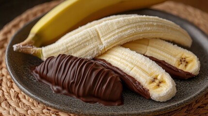 Fresh Bananas and Chocolate Dipped Bananas on Rustic Plate