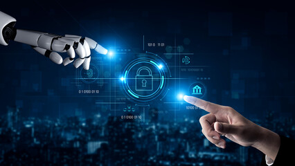 AI securing digital access through biometric authentication, protecting identity, monitoring...