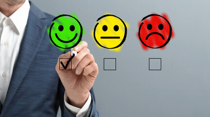Customer Experience Concept. Happy Businessman ticking off on Excellent Smiley Face, gray background, panorama, copy space