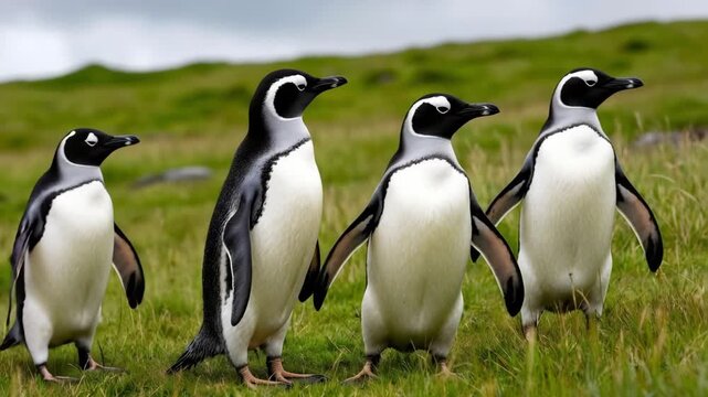 Four Adelie penguins stand on green grass. They have black and white plumage with distinctive markings on their heads. The scene captures a natural habitat.