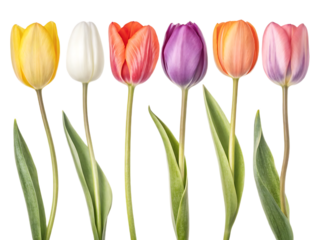 A row of six colorful tulips with green leaves against a black background in a studio setting