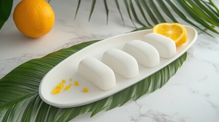 Fresh Citrus Aroma with Soaps on a Leafy Plate and Orange Slice
