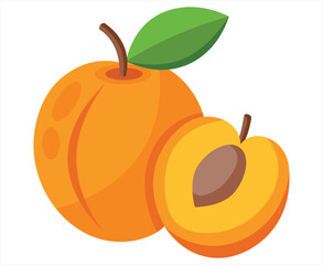 Illustration of a Whole Peach and a Peach Half with a Leaf