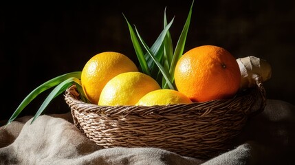 Fresh Citrus Fruits in a Rustic Basket with Green Leaves