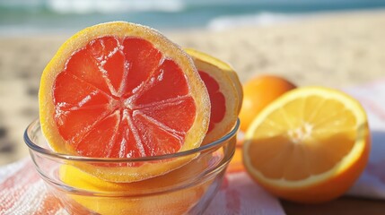 Fresh Citrus Fruits on Beach with Ocean Waves in Background
