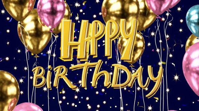 Animated golden &ldquo;Happy Birthday&rdquo; typography sparkles celebratory energy surrounded floating balloons festive backdrop perfect party greetings event videos cheerful 4K birthday