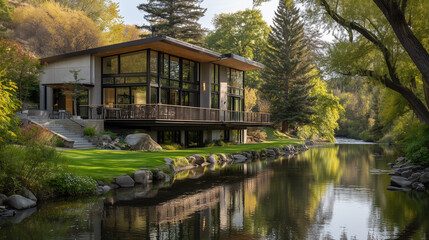 Obraz premium Modern House Exterior along River with Green Lawn and Landscaping