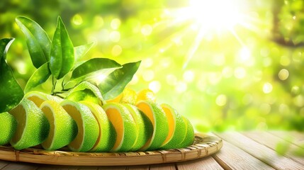 Fresh Citrus Slices with Green Leaves on a Wooden Table in Nature