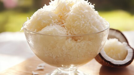 Fresh Coconut Dessert in Glass Bowl with Shredded Coconut Topping