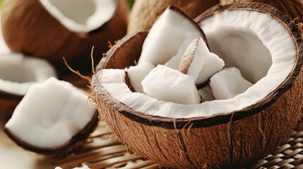 Fresh Coconut Halves with Chunky White Flesh on Natural Background