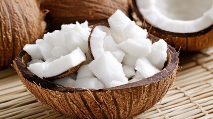 Fresh Coconut Pieces in Natural Coconut Shell on Rustic Background