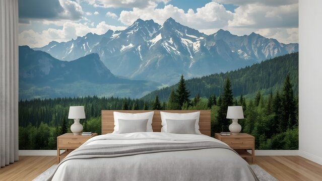 Majestic mountain landscape mural adorns bedroom wall