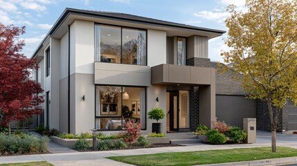 Fototapeta premium A sleek, modern house features a terracotta entrance, car parking, and a minimalist design surrounded by nature during the day