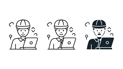 Fototapeta premium Vector art of a Smiling Engineer Working on Laptop: Line Art Icon Set, Three Styles, Positive Mood