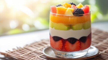 Fresh Colorful Fruit Dessert in Glass with Yogurt and Berries