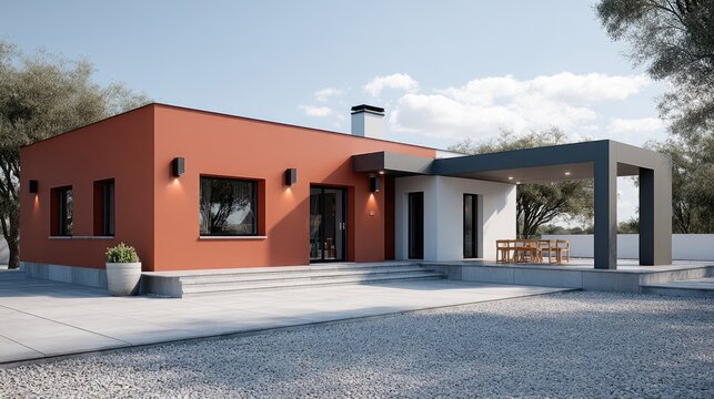 A sleek, modern house features a terracotta entrance, car parking, and a minimalist design surrounded by nature during the day