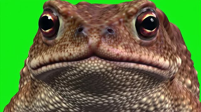 Detailed Isolated Close-Up of Brown Bufotes Bufo Toad Face with Textured Skin and Red Eyes on Green Screen