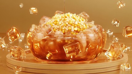 Fresh Corn Dish with Ice Cubes in Transparent Bowl on Golden Background