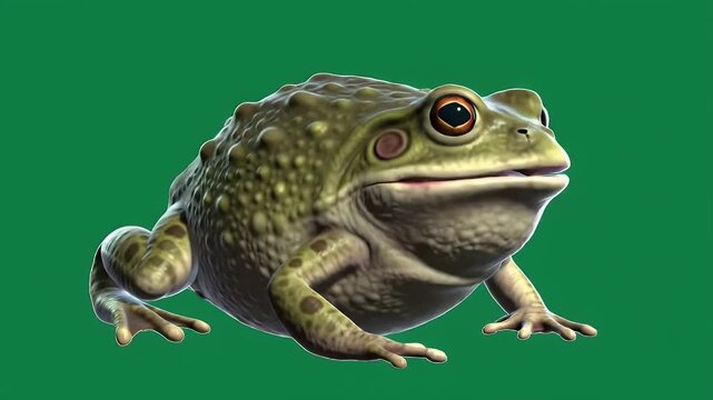 Detailed Portrait of a Green European Toad Against White Background Featuring Warty Skin and Prominent Orange Eyes