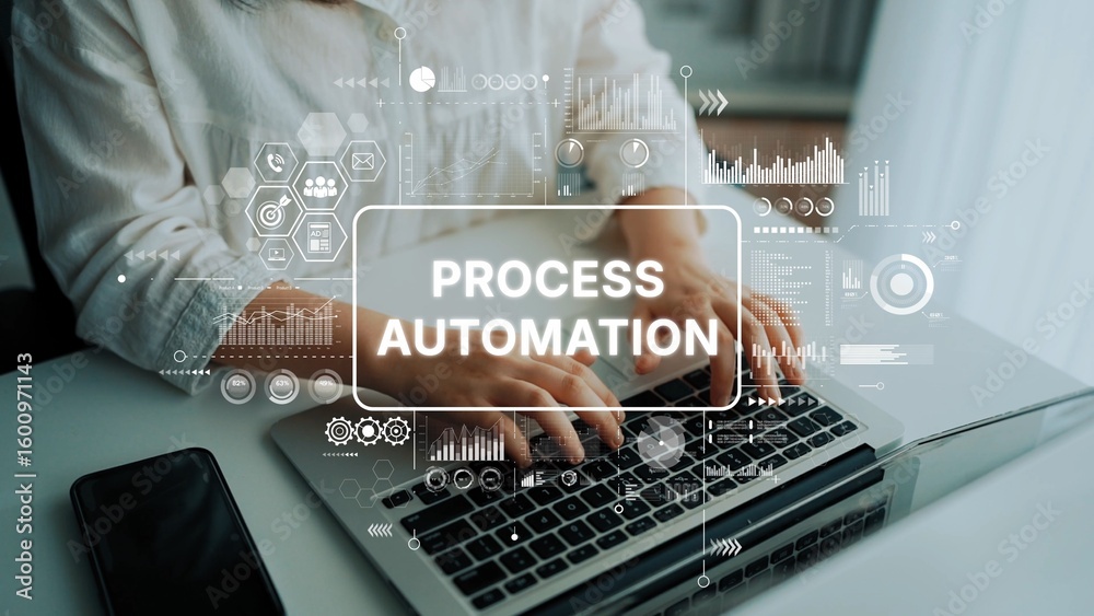 Poster hands on laptop focusing on process automation concepts and data visualization in a modern office en