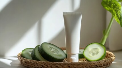 Fresh Cucumber Slices and Skincare Tube on a Sunlit Surface