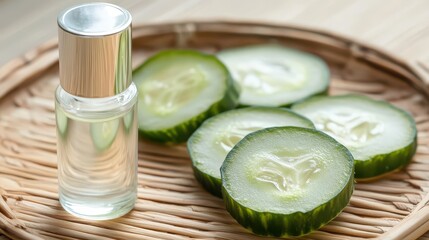 Fresh Cucumber Slices with Essential Oil in Glass Bottle on Woven Mat