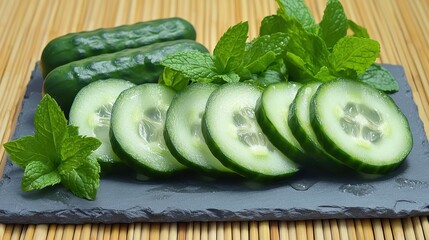 Fresh Cucumber Slices with Mint Leaves on Slate Board