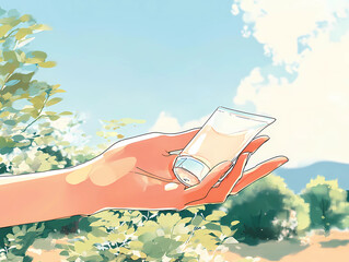 Hand holding sunscreen in sunlight, AI generated illustration with sky and greenery