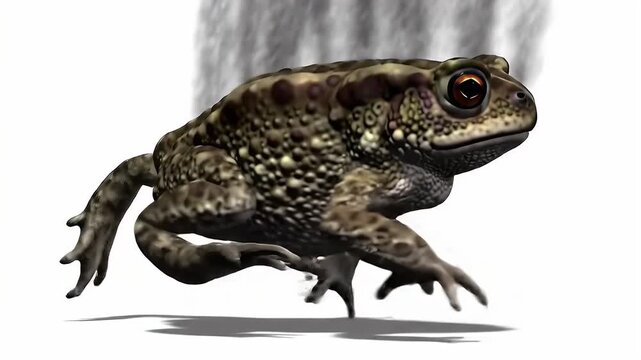 European Green Toad Walking with Textured Skin and Amber Eyes Against a White Backdrop