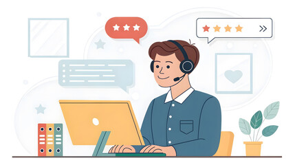 Fototapeta premium Customer service representative with headset working on laptop and receiving positive feedback