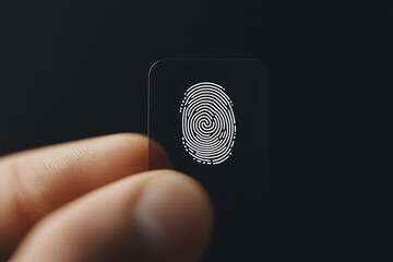 Fingerprint on a transparent card being held by a human finger. Digital identity and biometric authentication for cybersecurity.