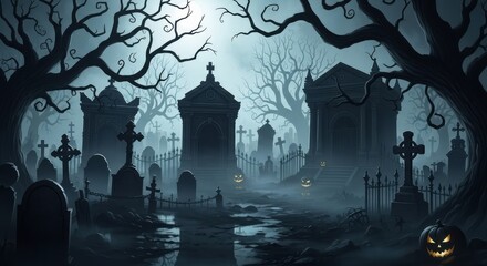 Mysterious Foggy Cemetery at Twilight with Glowing Pumpkins and Ancient Tombs