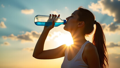Woman enjoys water during sunset, promoting health and hydration.