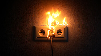 Electrical Outlet Fire: Dangerously overloaded outlet ignites, flames reaching upwards. A reminder of electrical safety and the hazards of faulty wiring.