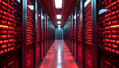 Inside a server room, a perspective view of data storage and computing technology.