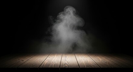 Mysterious Fog Rising from a Wooden Stage in Dramatic Lighting