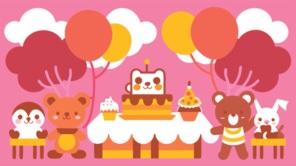 Adorable animal friends celebrate a delightful birthday party with cake and balloons
