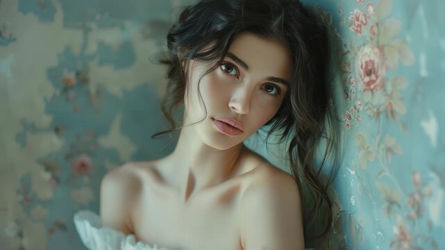 A woman wearing a white dress leans against a wall, simple pose with no distractions