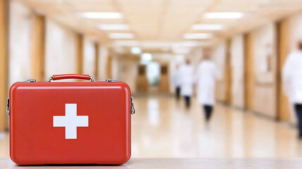 First Aid Kit: Red medical kit on table in a hospital hallway.  Healthcare preparedness and emergency medical response concept.