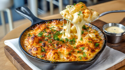 A bubbling cast iron mini skillet of mac and cheese